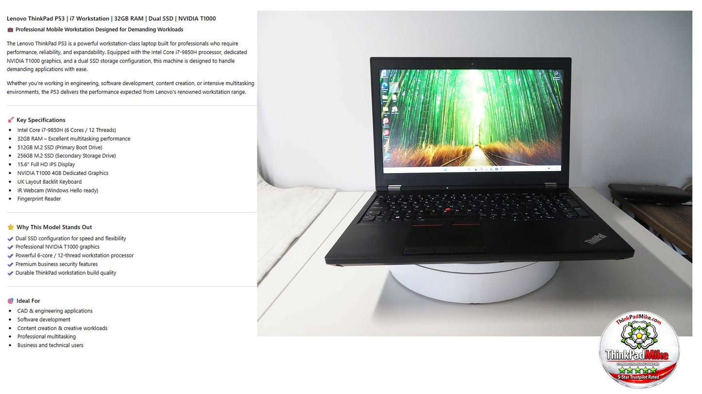 Lenovo ThinkPad P53 i7 *6 CORE* 9850H 2.6Ghz 32GB RAM 512GB + 256GB IPS B\L KB NVIDIA T1000 (1353)