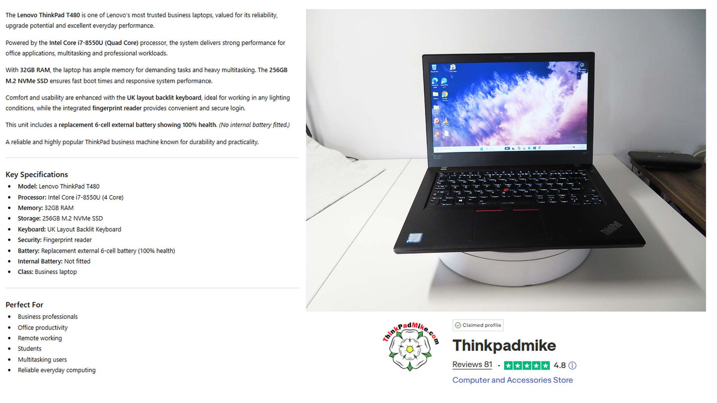 Lenovo ThinkPad T480 i7 8550U 32GB RAM 256GB SSD IPS SCREEN (1307)