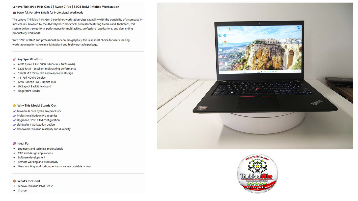 Lenovo ThinkPad P14s AMD Ryzen 7 Pro 8 Core 32GB RAM 512GB SSD IPS Screen (1366)