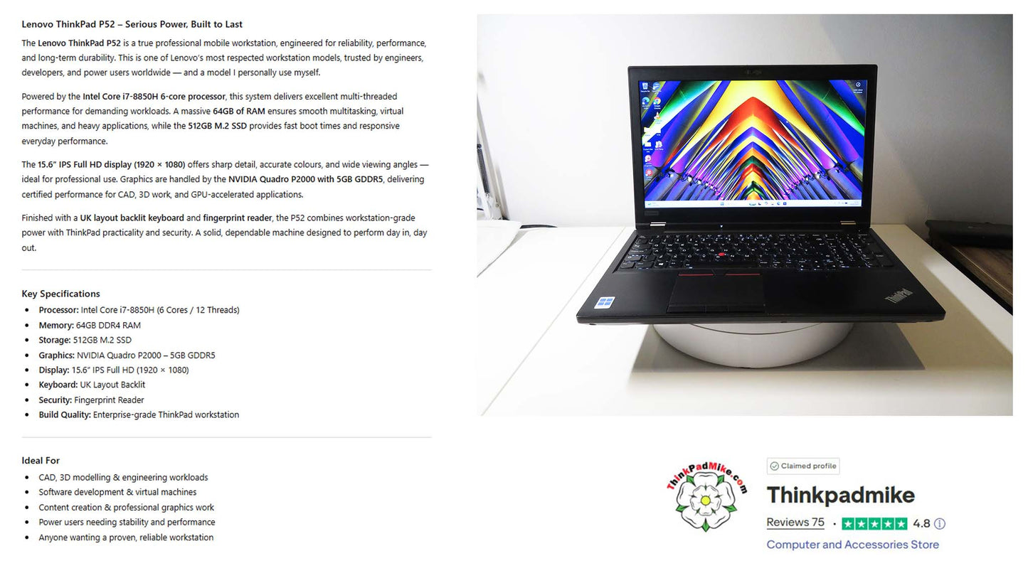 Lenovo ThinkPad P52 i7 *6 CORE* 8850H 2.6Ghz 64GB RAM 512GB SSD IPS B\L KB NVIDIA P2000 (1276)