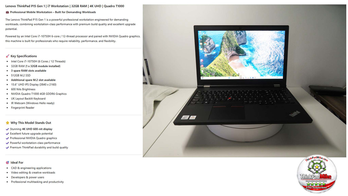 Lenovo ThinkPad P15 i7 10750H *HEX CORE* 32GB RAM 512GB SSD UHD 4K NVIDIA T1000 (1342)