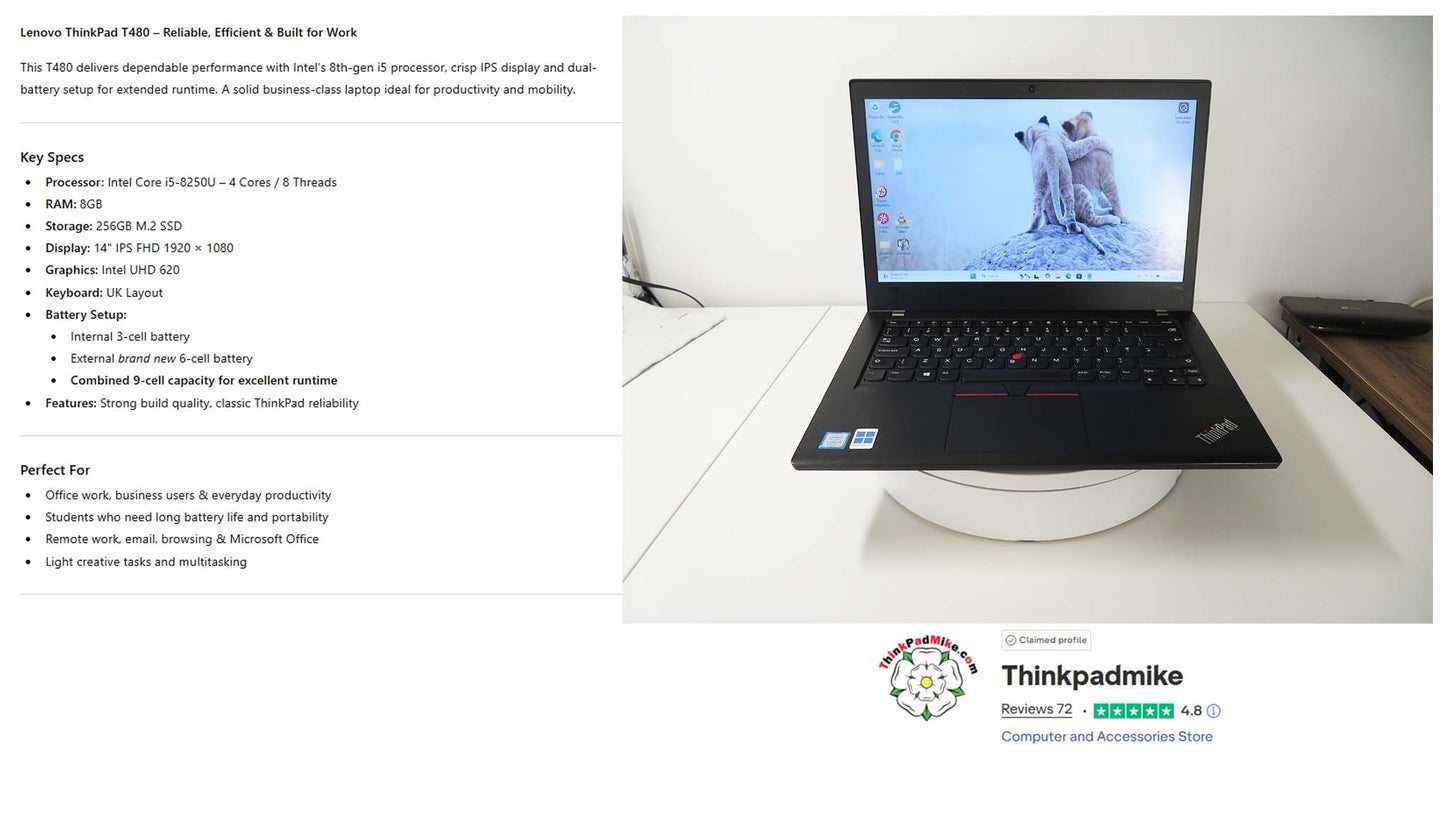 ThinkPad T480 front view with 14-inch IPS display