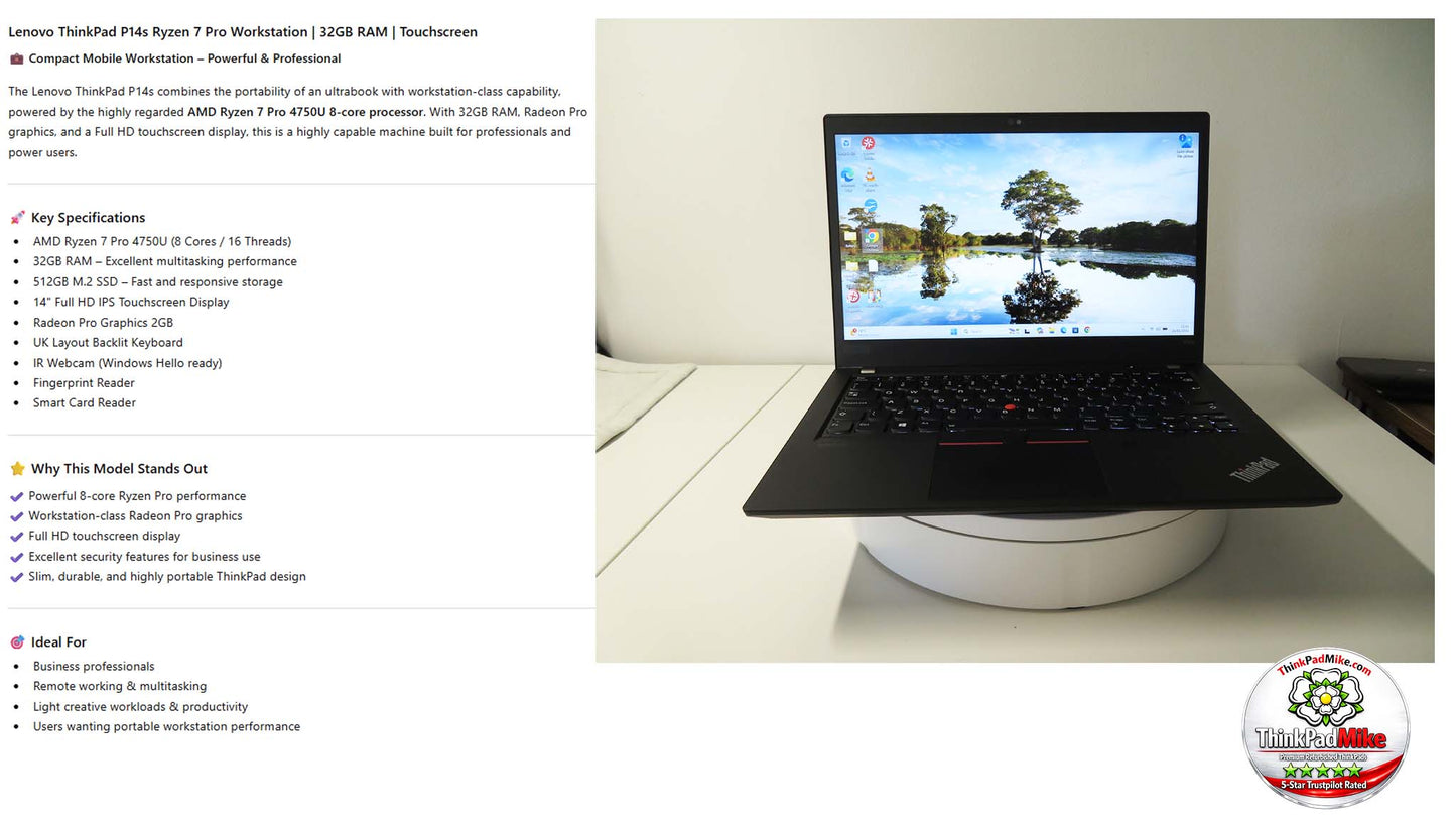 Lenovo ThinkPad P14s AMD Ryzen 7 Pro 8 Core 32GB RAM 512GB SSD IPS TOUCH Screen (1341)