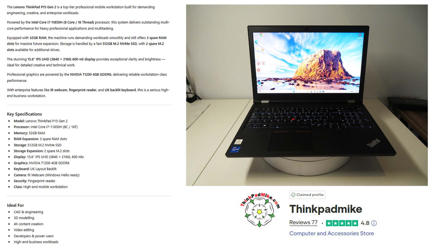Lenovo ThinkPad P15 i7 11850H *8 CORE* 32GB RAM 512GB SSD UHD NVIDIA T1200 (1301)