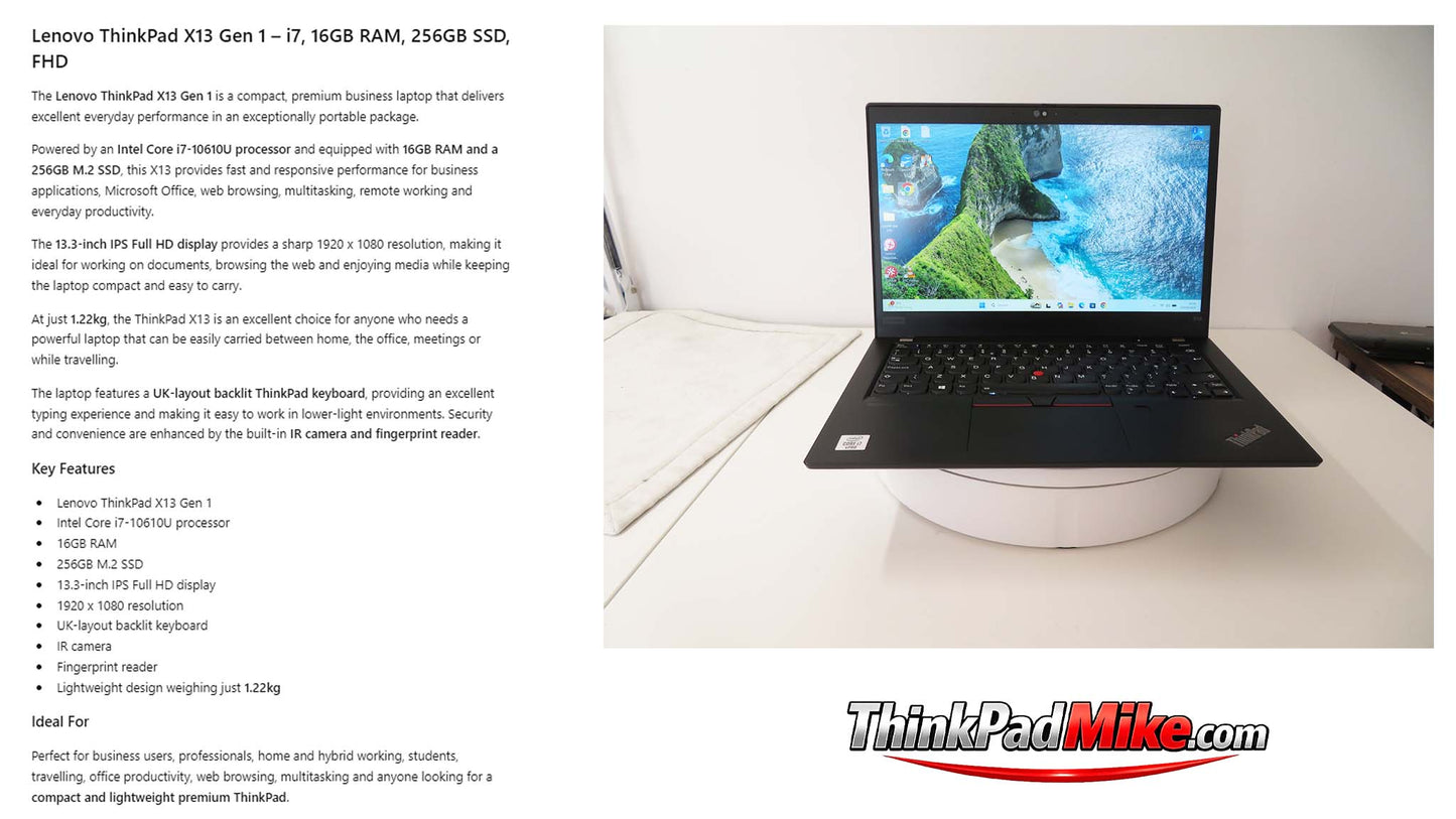 Lenovo ThinkPad x13 Gen 1 i7 10610U 16GB RAM 256GB SSD IPS SCREEN B\LKB 4G (1387)