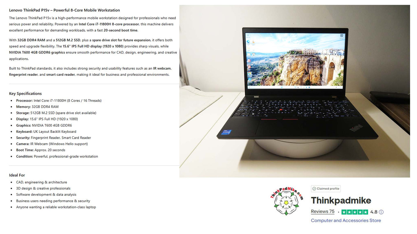 Lenovo ThinkPad P15v i7 11800H *8 CORE* 32GB RAM 512GB SSD IPS NVIDIA T600 WIN11 (1272)