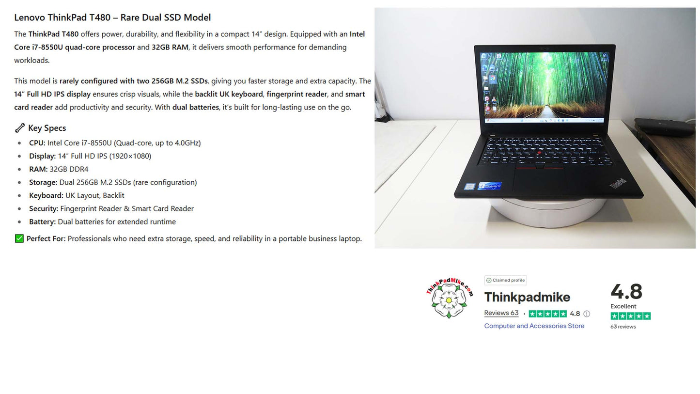 Lenovo ThinkPad T480 i7 8550U 32GB RAM 2 x256GB SSDs IPS SCREEN B\L KB (1197)