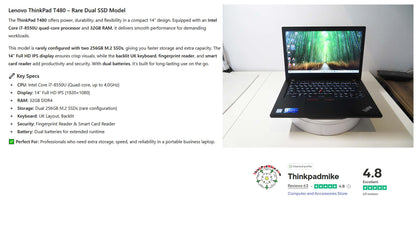 Lenovo ThinkPad T480 i7 8550U 32GB RAM 2 x256GB SSDs IPS SCREEN B\L KB (1197)
