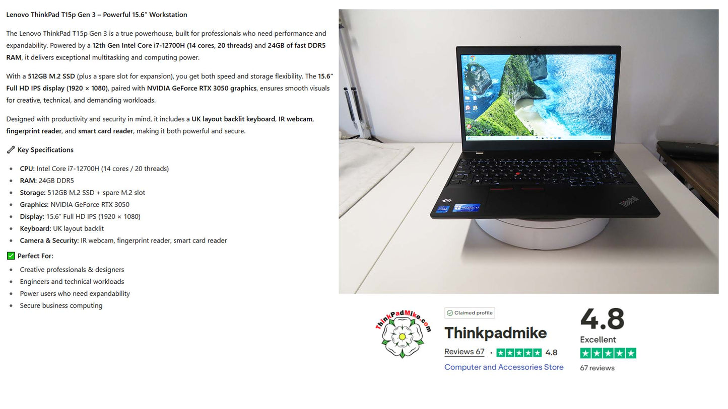 Lenovo ThinkPad T15P i7 12700H **14 Core** 24GB RAM 512GB SSD IPS NVIDIA RTX 3050 WIN11 (1211)