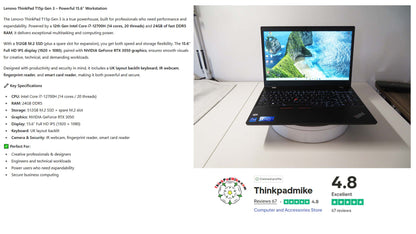 Lenovo ThinkPad T15P i7 12700H **14 Core** 24GB RAM 512GB SSD IPS NVIDIA RTX 3050 WIN11 (1211)