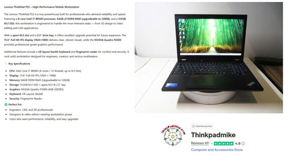 Lenovo ThinkPad P52 i7 *6 CORE* 8850H 2.6Ghz 64GB RAM 512GB IPS B\L KB NVIDIA P2000 (1239)