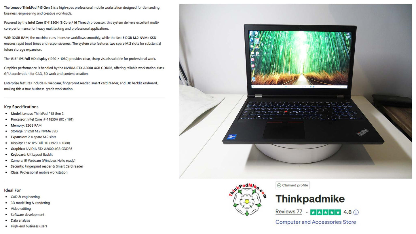 Lenovo ThinkPad P15 i7 11850H *8 CORE* 32GB RAM 512GB SSD IPS NVIDIA RTX A2000 (1302)