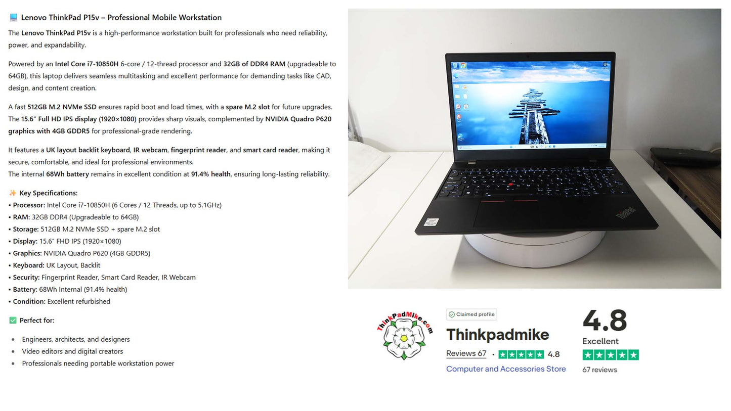 Lenovo ThinkPad P15v i7 10850H *6 CORE* 32GB RAM 512GB SSD IPS NVIDIA P620 WIN11 (1225)