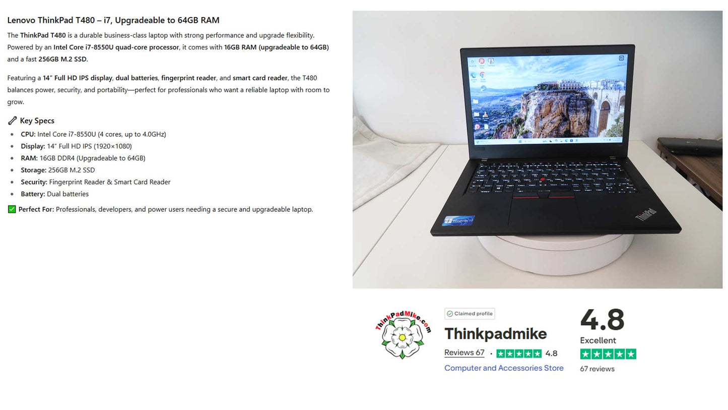 Lenovo ThinkPad T480 i7 8550U 16GB RAM 256GB SSD IPS SCREEN B\L KB (1209)