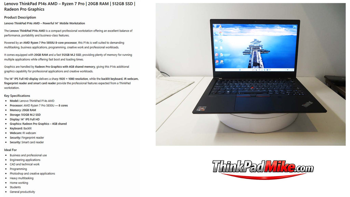 Lenovo ThinkPad P14s AMD Ryzen 7 Pro 8 Core 20GB RAM 512GB SSD IPS Screen (1396)
