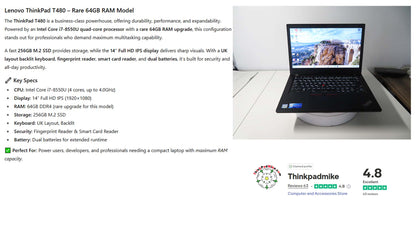 Lenovo ThinkPad T480 i7 8550U 64GB RAM 256GB SSD IPS SCREEN B\L KB (1184)