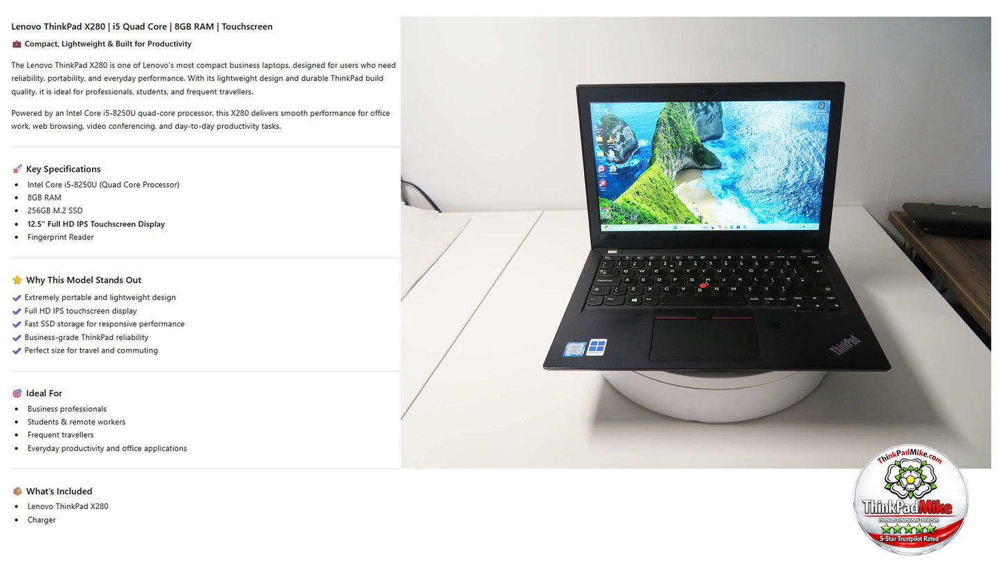 Lenovo ThinkPad x280 i5 8250U 1.6Ghz 8GB RAM 256GB SSD IPS Touch Screen (727)