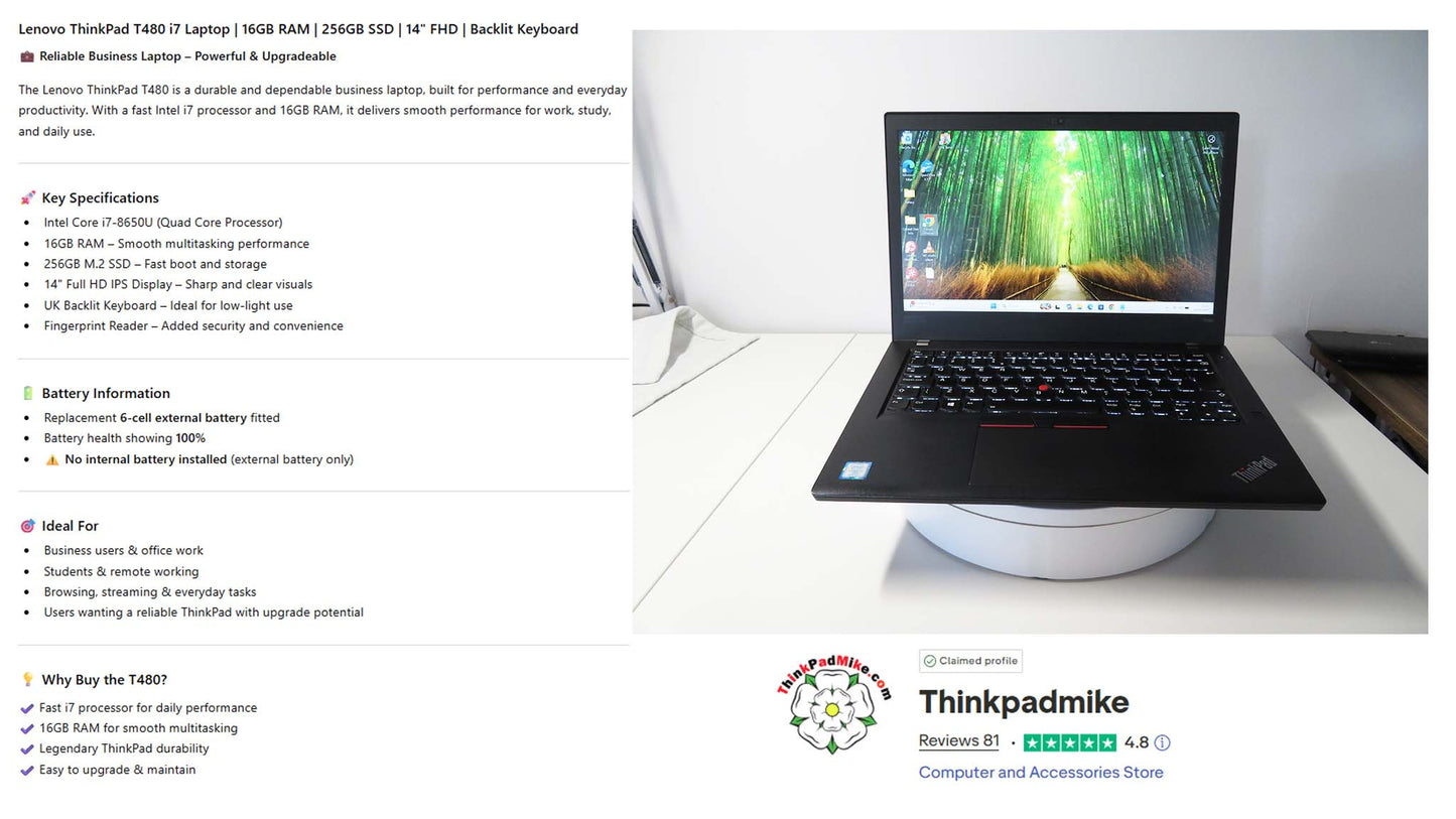 Lenovo ThinkPad T480 i7 8650U 16GB RAM 256GB SSD IPS SCREEN B\L KB (1322)