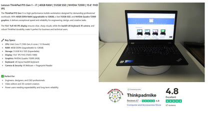 Lenovo ThinkPad P15 i7 *HEX CORE* 10850H 2.7Ghz 40GB RAM 512GB IPS B\L KB NVIDIA T2000 (1200)
