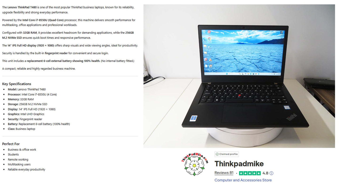 Lenovo ThinkPad T480 i7 Specs