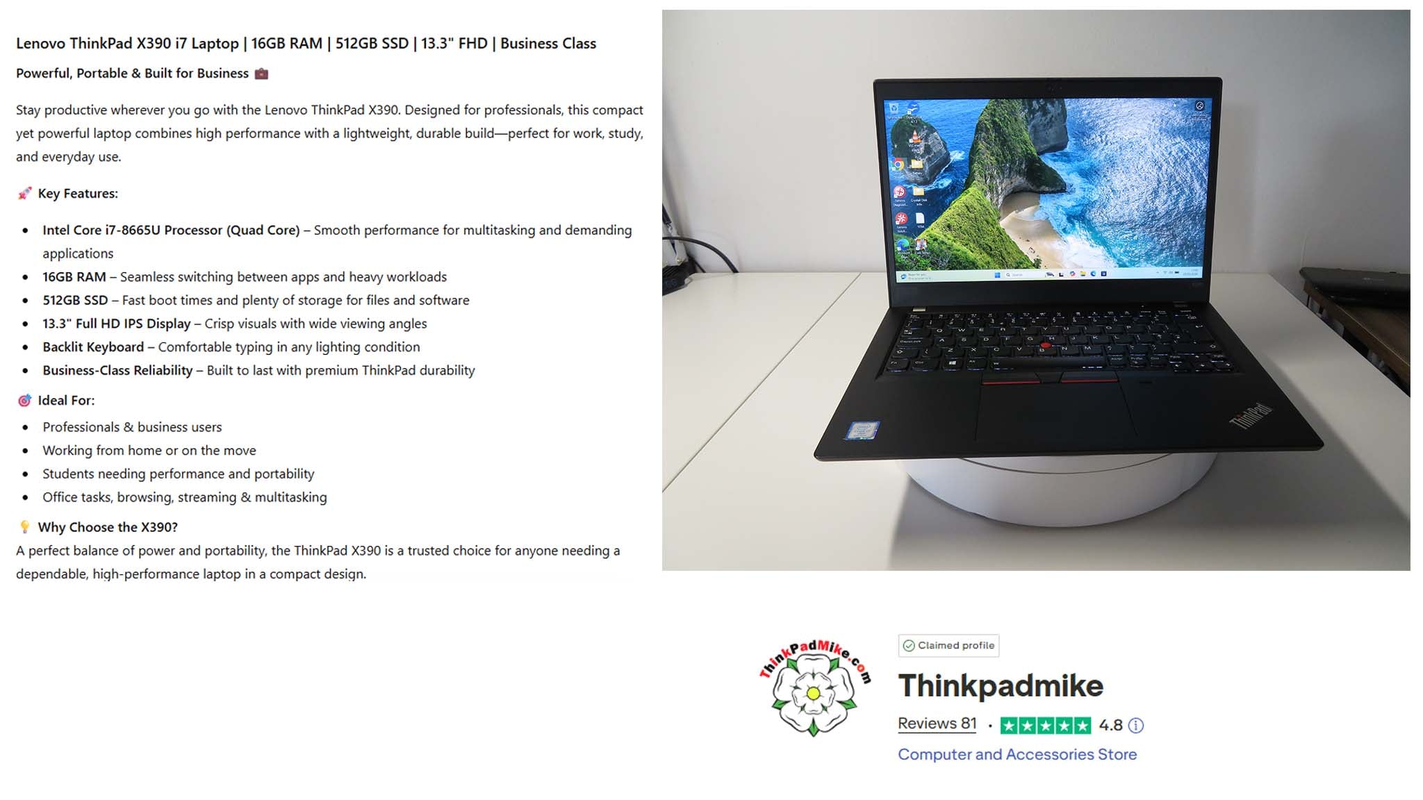 Lenovo ThinkPad x390 i7 1.9Ghz 8665U 16GB RAM 512GB SSD IPS TOUCH