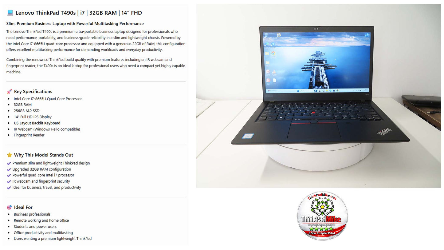 Lenovo ThinkPad T490s i7 1.9Ghz 8665U 32GB RAM 256GB SSD IPS B\L KB (1361)