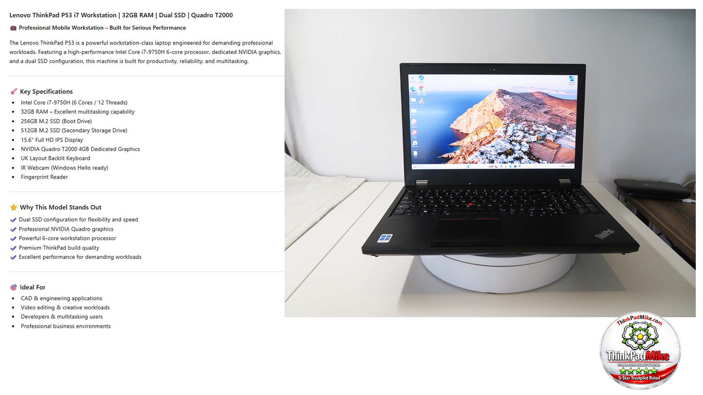 Lenovo ThinkPad P53 i7 *6 CORE* 9750H 2.6Ghz 32GB RAM 256GB + 512GB IPS B\L KB NVIDIA T2000 (1343)