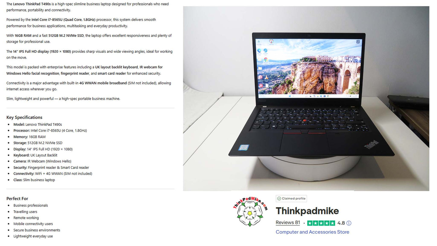 Refurbished Lenovo ThinkPad T490s  Specs