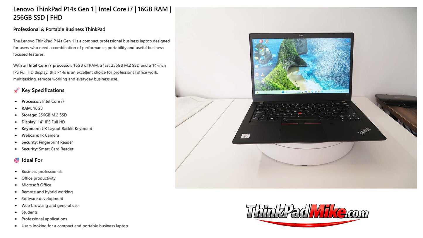 Lenovo ThinkPad P14s i7 10510U 16GB RAM 256GB SSD IPS SCREEN B\L KB (1383)