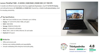 Lenovo ThinkPad T480 i5 8250U 16GB RAM 256GB SSD IPS SCREEN WIN11 (1183)
