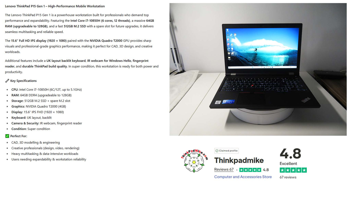 Lenovo ThinkPad P15 i7 10850H *6 CORE* 64GB RAM 512GB SSD IPS NVIDIA T2000 WIN11 (1210)