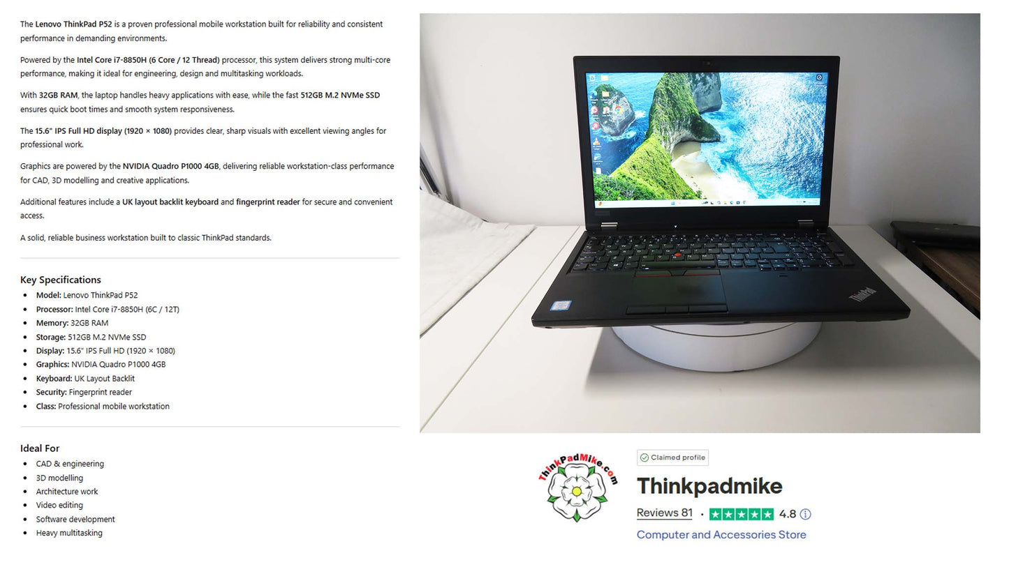 Lenovo ThinkPad P52 i7 *6 CORE* 8850H 2.6Ghz 32GB RAM 512GB SSD IPS B\L KB NVIDIA P1000 (1313)