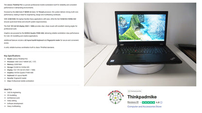 Lenovo ThinkPad P52 i7 *6 CORE* 8850H 2.6Ghz 32GB RAM 512GB SSD IPS B\L KB NVIDIA P1000 (1313)