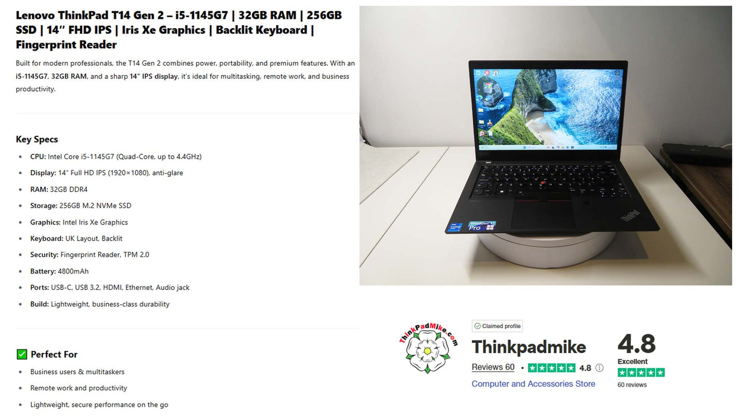 Lenovo ThinkPad T14 i5 1145G7 32GB RAM 256GB SSD IPS FHD SCREEN B\L KB(1172)