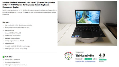Lenovo ThinkPad T14 i5 1145G7 32GB RAM 256GB SSD IPS FHD SCREEN B\L KB(1172)