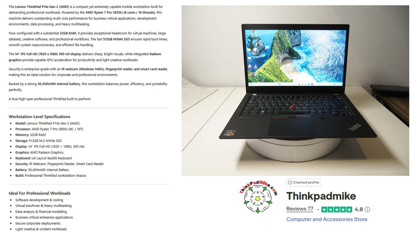 Lenovo ThinkPad P14s AMD Ryzen 7 Pro 8 Core 32GB RAM 512GB SSD IPS Screen (1289)