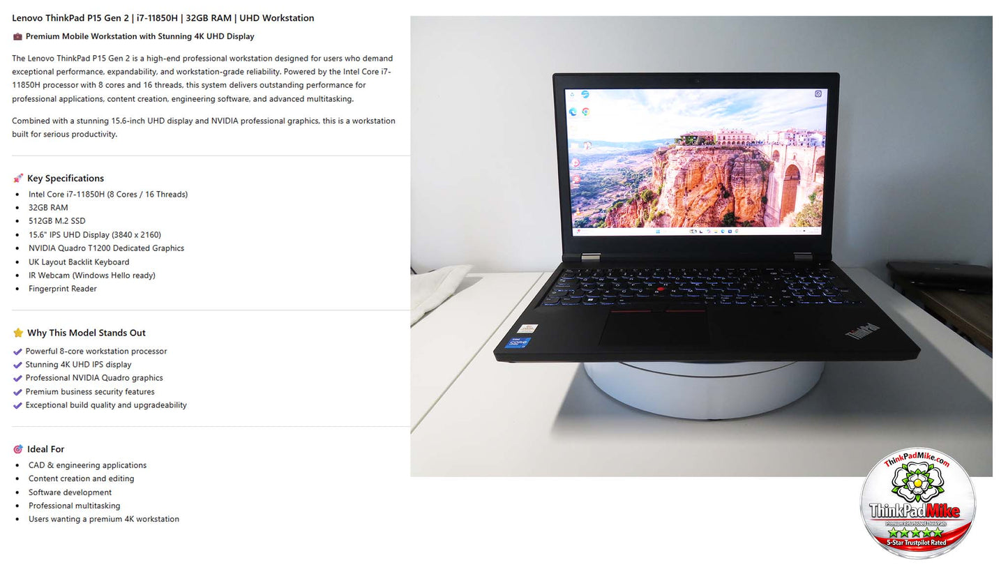 Lenovo ThinkPad P15 i7 11850H *8 CORE* 32GB RAM 512GB SSD UHD NVIDIA T1200 (1357)