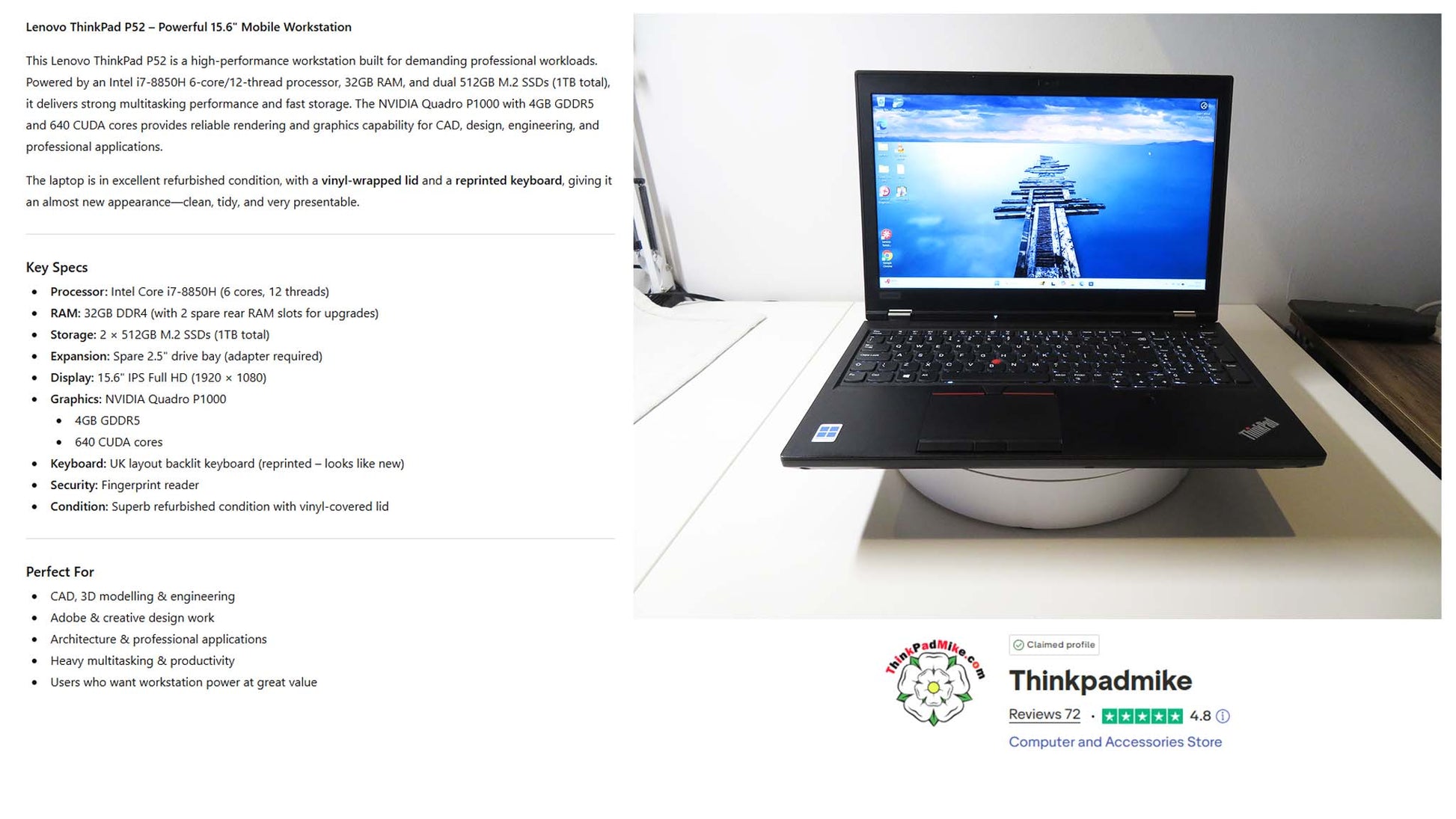 Lenovo ThinkPad P52 6-core i7-8850H workstation laptop