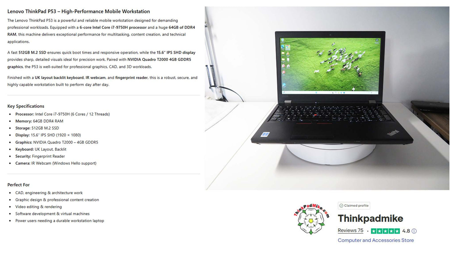 Lenovo ThinkPad P53 i7 *6 CORE* 9750H 2.6Ghz 64GB RAM 512GB IPS B\L KB NVIDIA T2000 (1268)