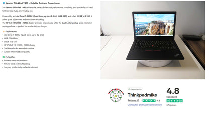 Lenovo ThinkPad T480 i7 8650U 16GB RAM 512GB SSD FHD SCREEN (1218)