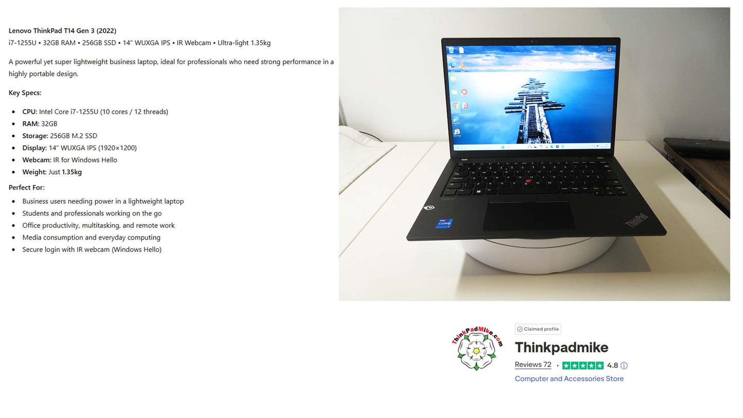 Lenovo ThinkPad T14 i7 1255u 10 Core 32GB RAM 256GB SSD WUXGA IPS SCREEN (1241)