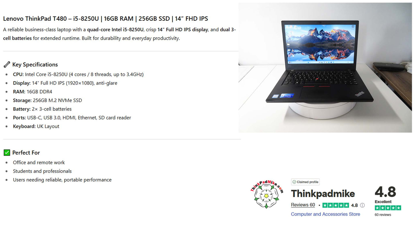 Lenovo ThinkPad T480 i5 8250U 16GB RAM 256GB SSD IPS SCREEN WIN11 (1187)