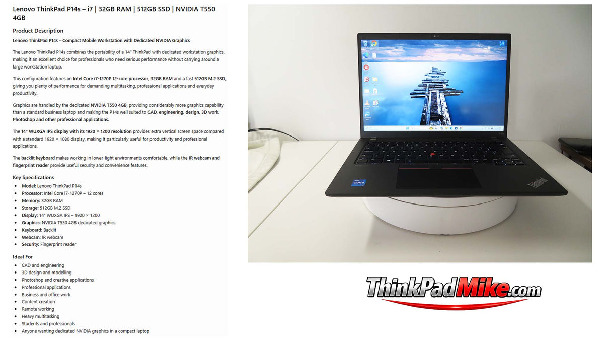 Lenovo ThinkPad P14s i7 1270P 12 Core 32GB RAM 512GB SSD IPS WUXGA NVIDIA T550 WIN11 (1392)