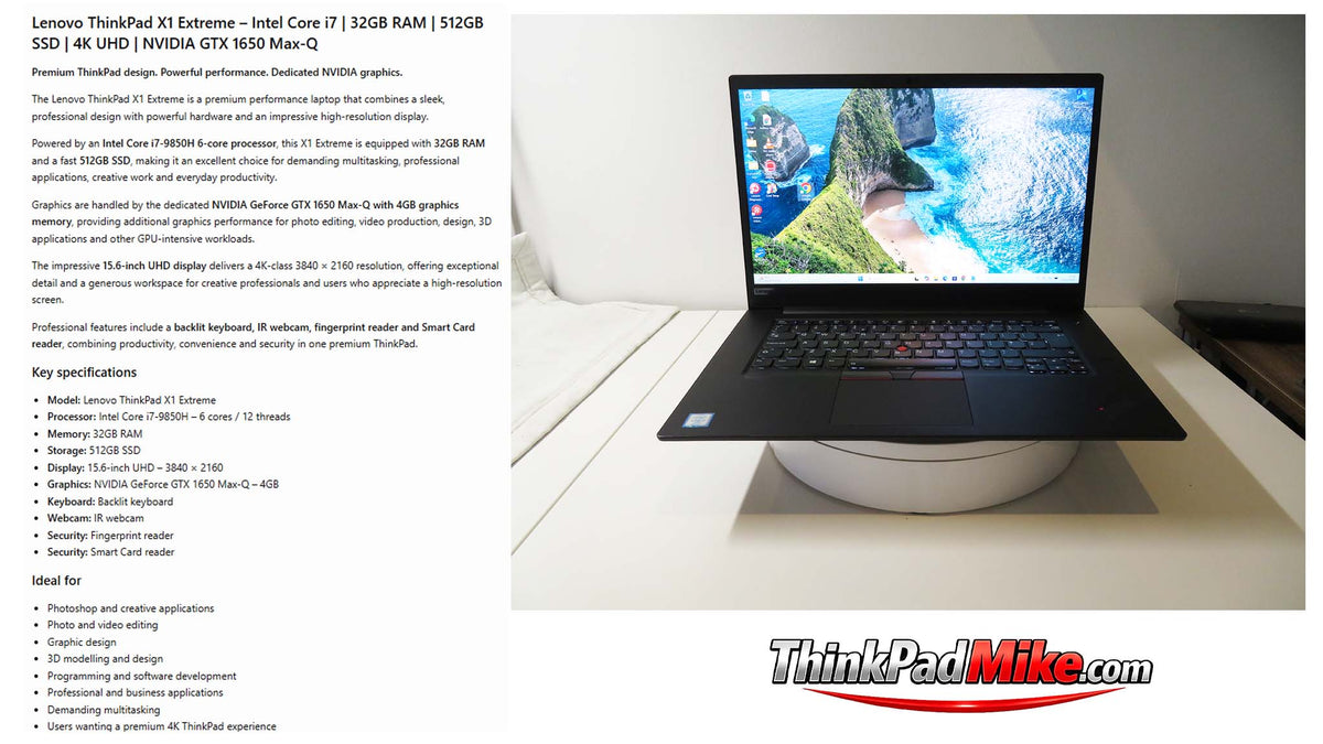 Lenovo ThinkPad x1 Extreme i7 *6 CORE* 9850H 32GB RAM 512GB SSD IPS UHD NVIDIA GTX 1650 (1403)