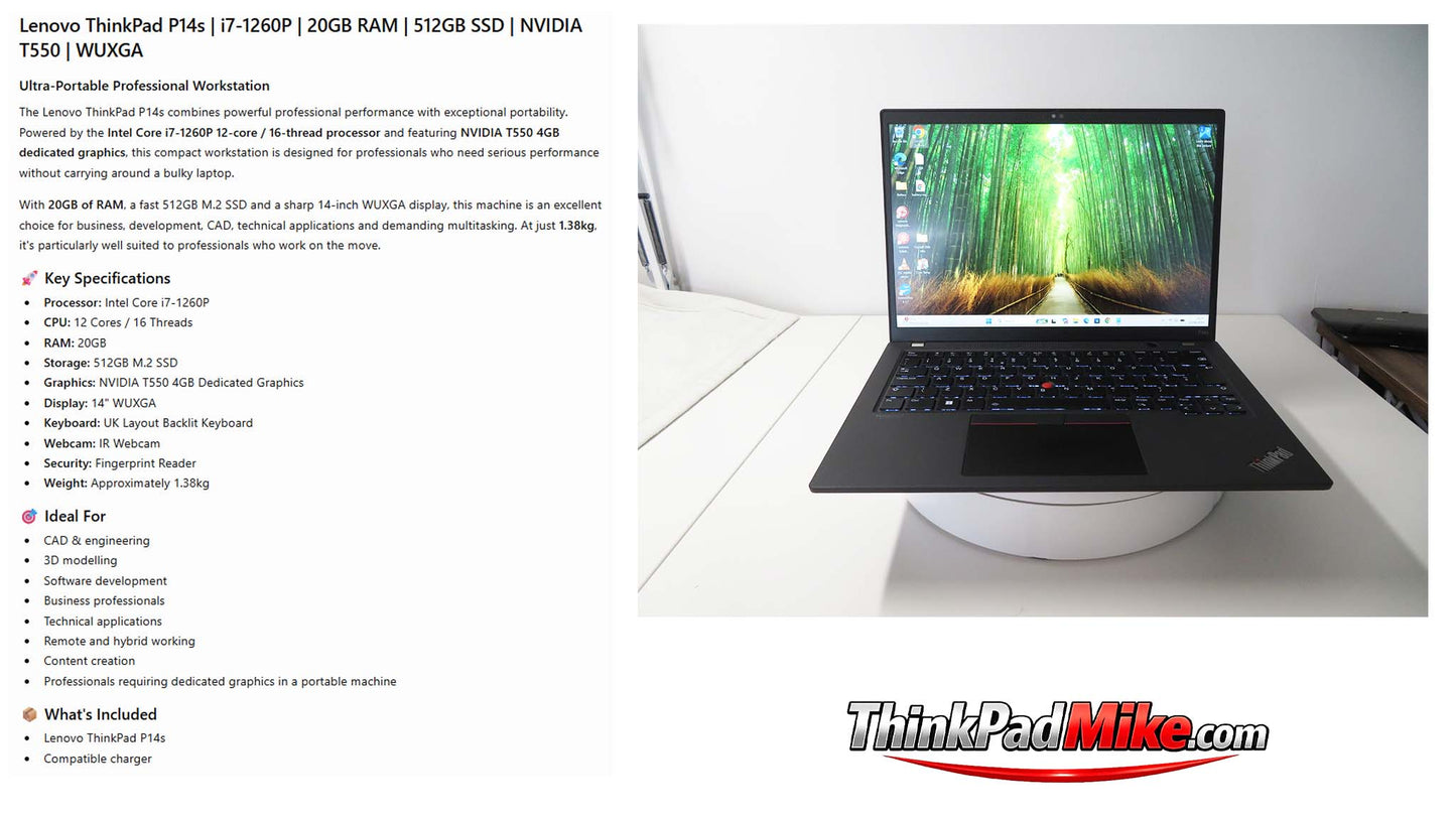 Lenovo ThinkPad P14s i7 1260P *12 Core* 20GB RAM 512GB SSD IPS NVIDIA T550 WIN11 (1380)