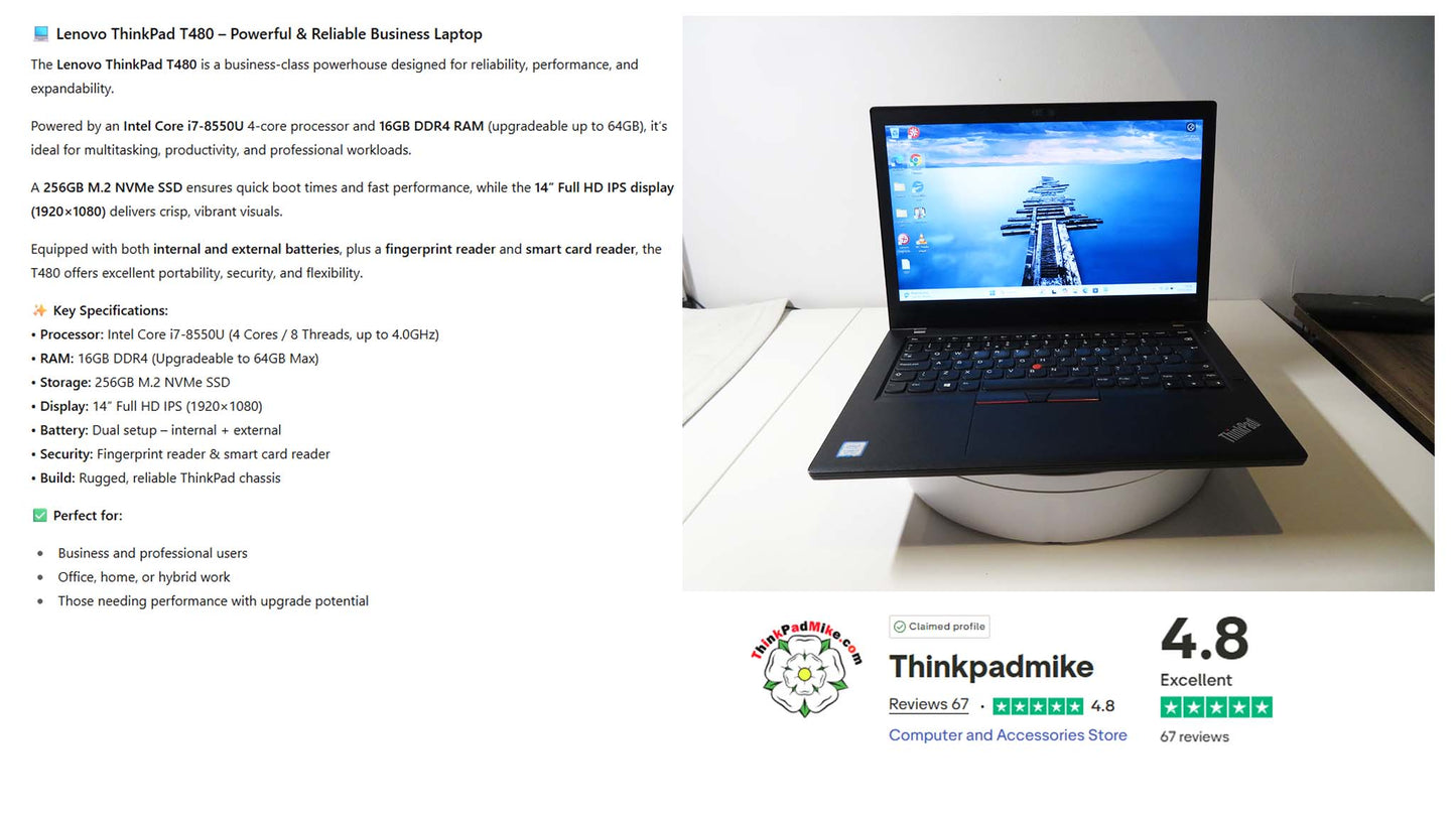 Lenovo ThinkPad T480 i7 8550U 16GB RAM 256GB SSD IPS SCREEN (1227)