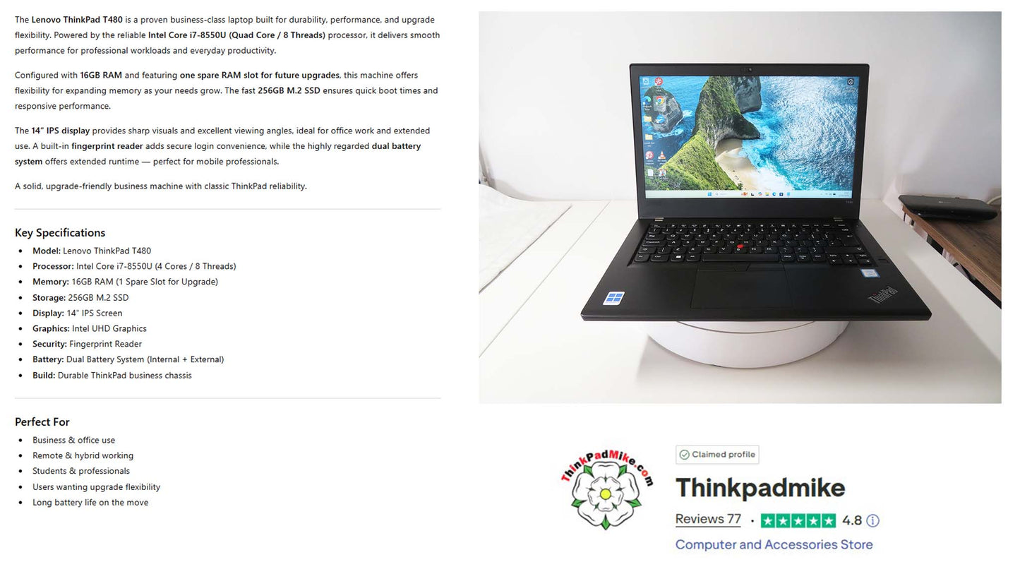 Lenovo ThinkPad T480 i7 8550U 16GB RAM 256GB SSD IPS SCREEN DUAL BATS (1293)