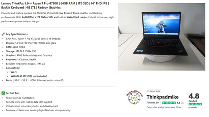 Lenovo ThinkPad L14 AMD Ryzen 7 Pro 8 CORE 64GB RAM 1TB SSD IPS FHD SCREEN (1182)