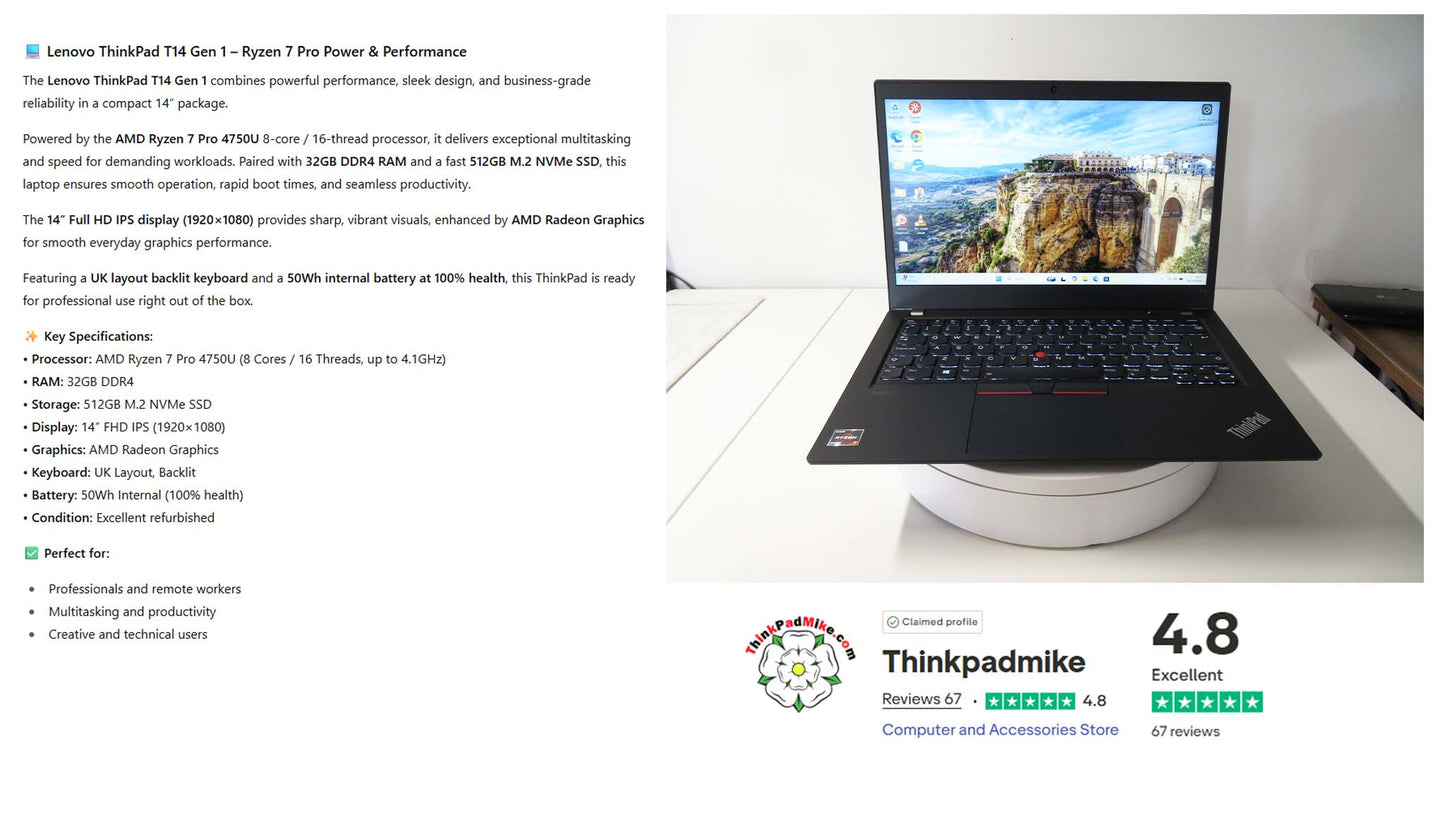 Lenovo ThinkPad T14 AMD Ryzen 7 Pro 8 CORE 32GB RAM 512GB SSD IPS FHD SCREEN B\LKB (1229)