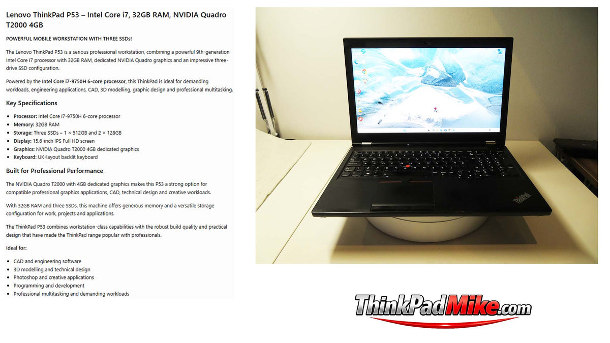 Lenovo ThinkPad P53 i7 6 CORE 9750H 32GB RAM 512GB + 128GB + 128GB SSD IPS NVIDIA T2000 (1407)